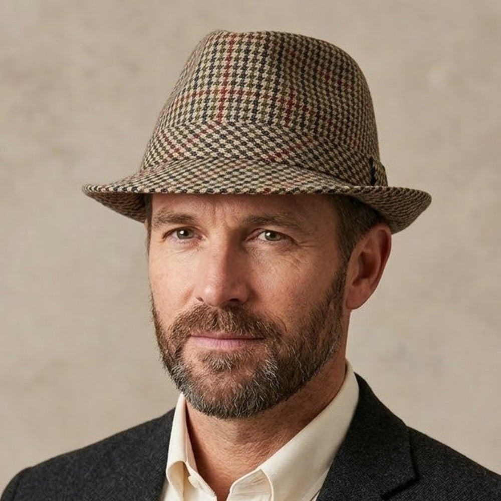 Countryside Classics Fedora Mens 58cm Brown Plaid Wool Blend Trilby Hat UK VTG